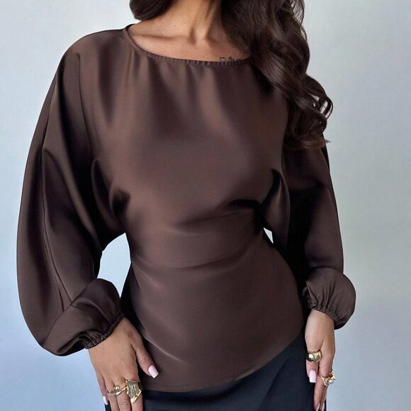 Brown Elegant Women's Romantic Coffee Round Neck blouse - Picture 1 of 7